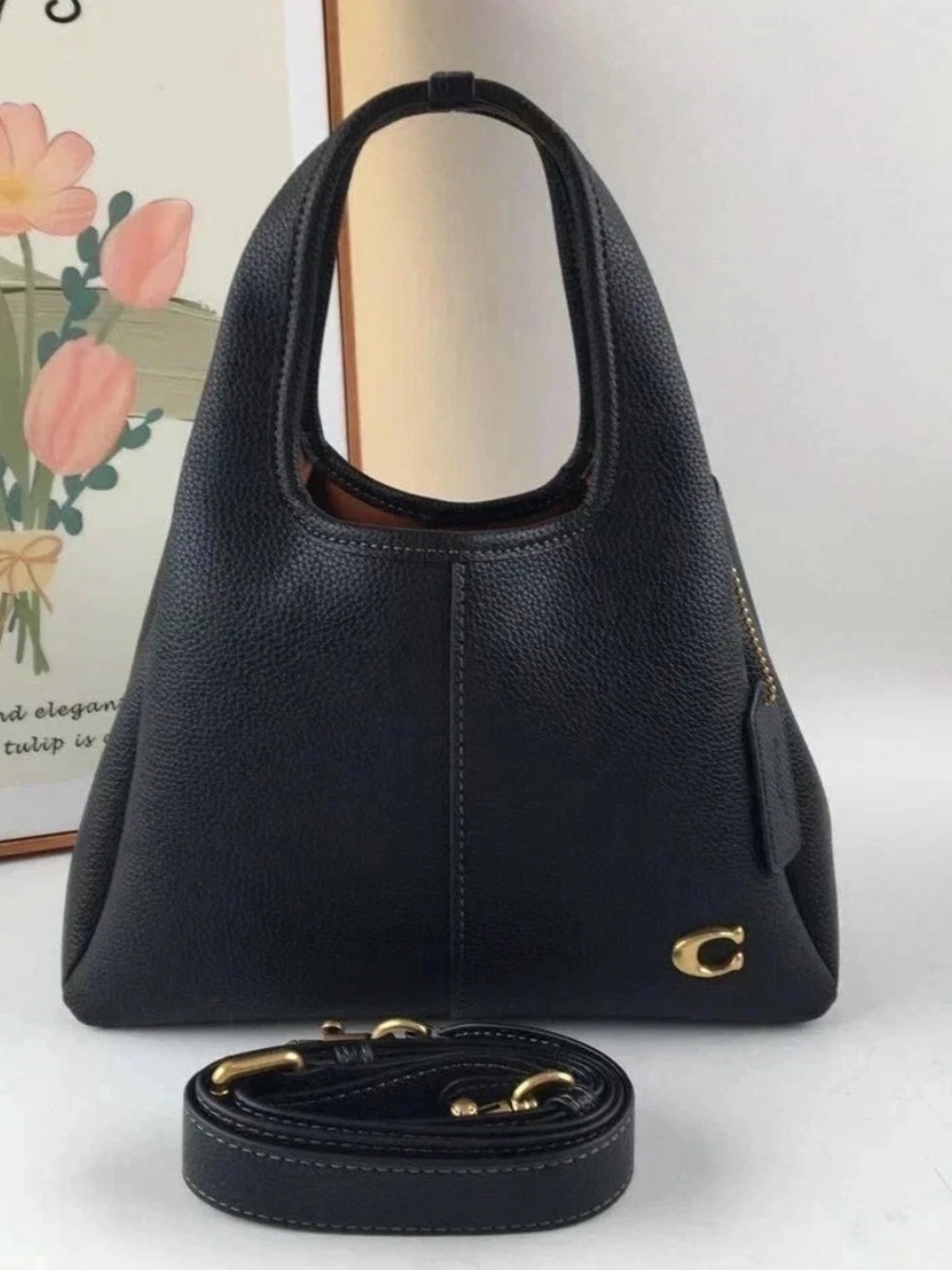 Black Leather Tote Bag with Gold Accent - Women's Handbag
